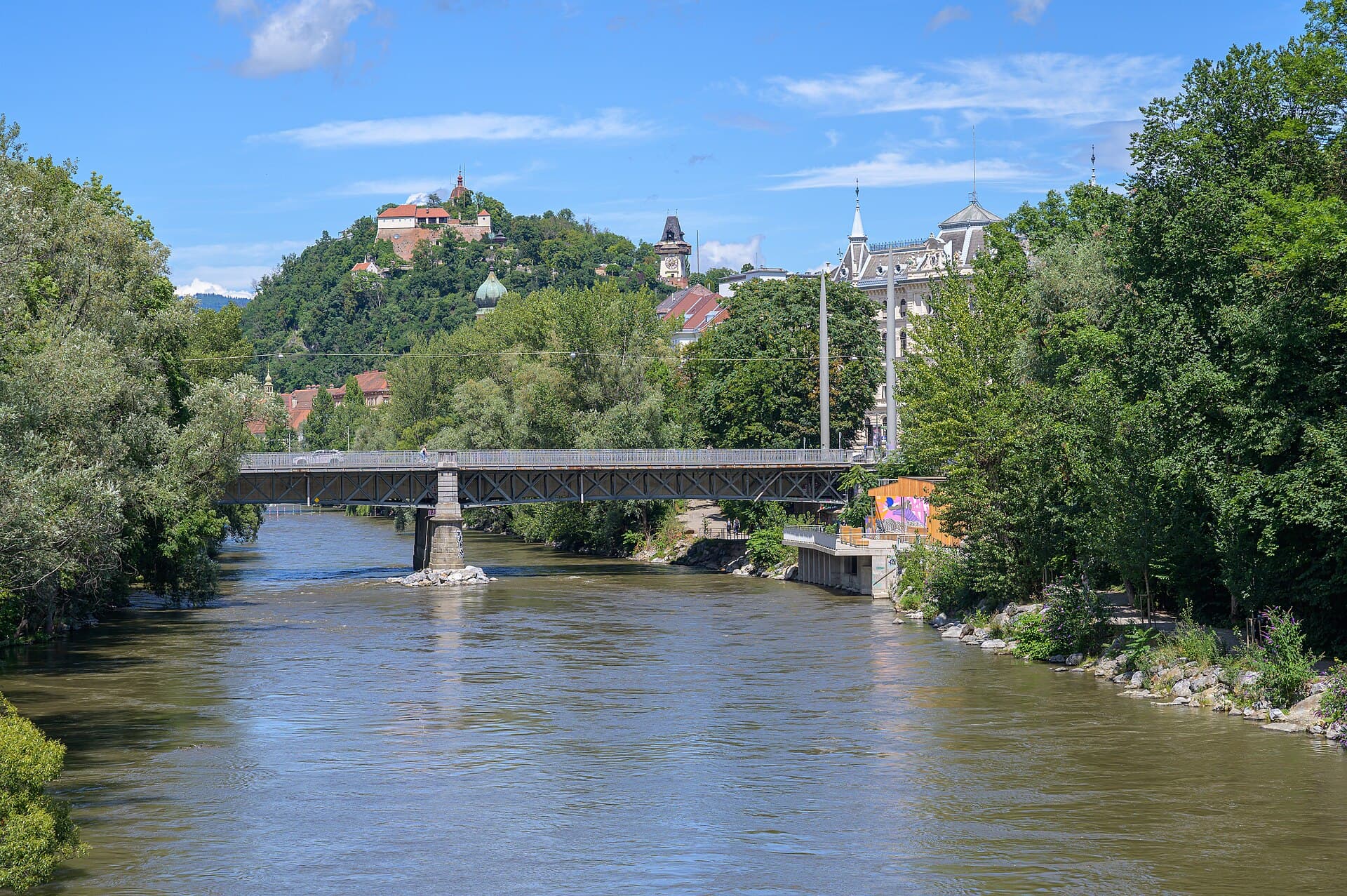 Die Mur und eine Brücke in Graz, der Schlossberg zwischen den Bäumen dahinter.