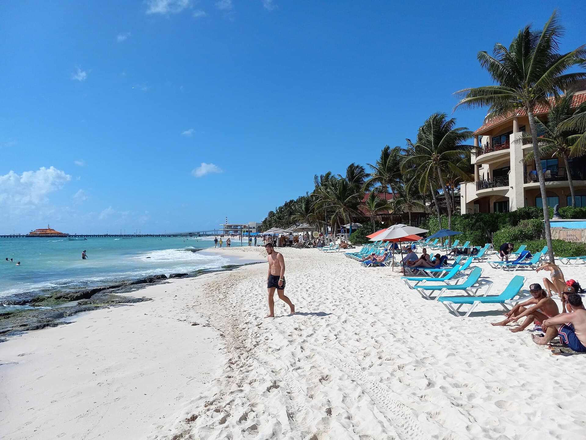Playa del Carmen plajında berrak suyun kıyısında palmiyeler, beyaz kum ve şemsiyeler.