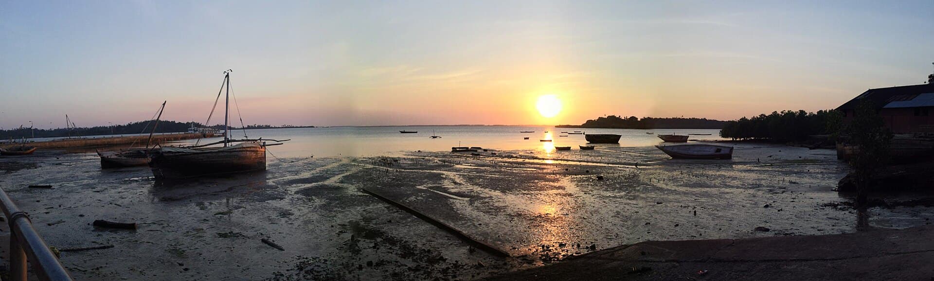 Wete harbour on Pemba, boats on calm water.