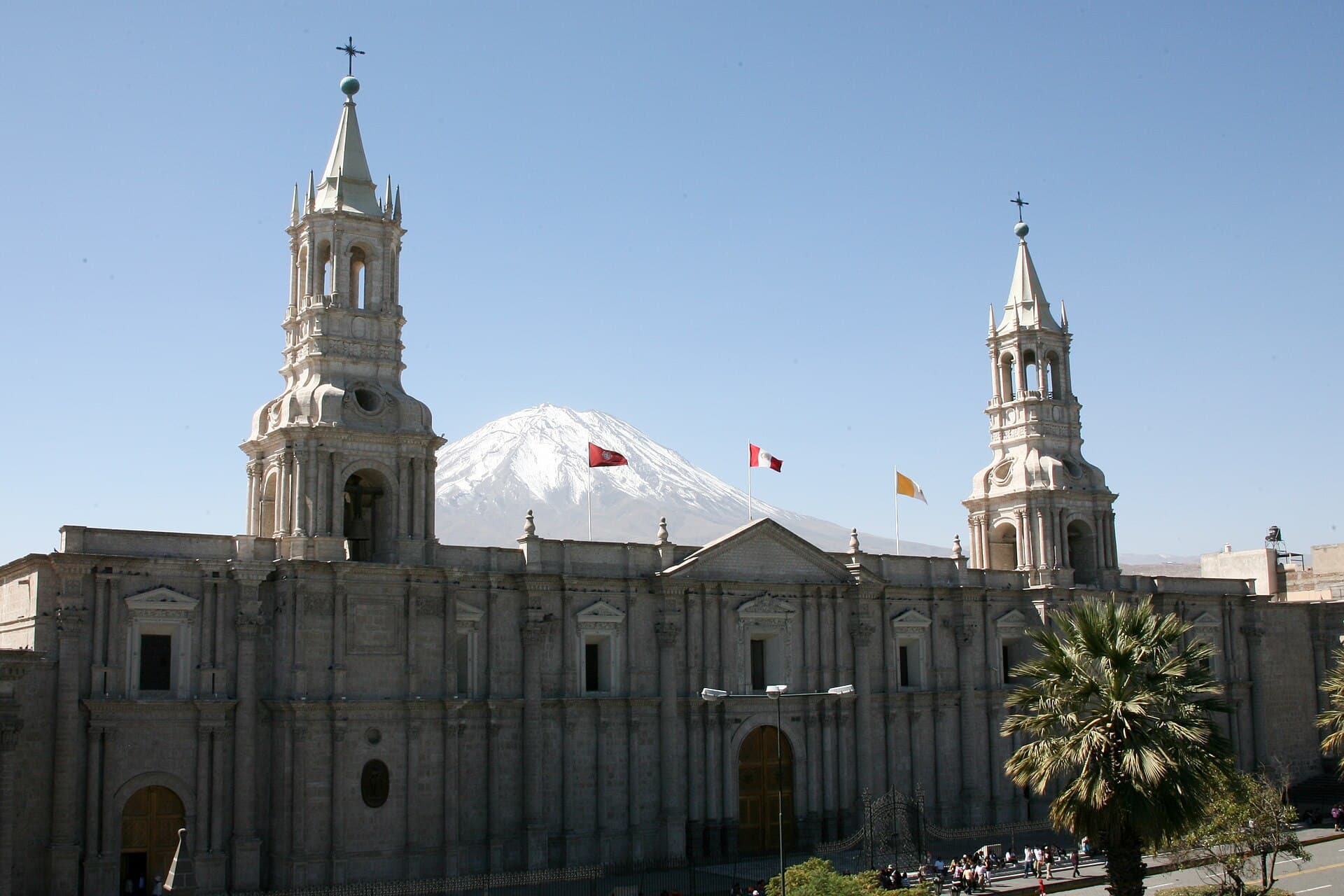 Arequipa's white cathedral with its twin towers and snow-capped El Misti behind.