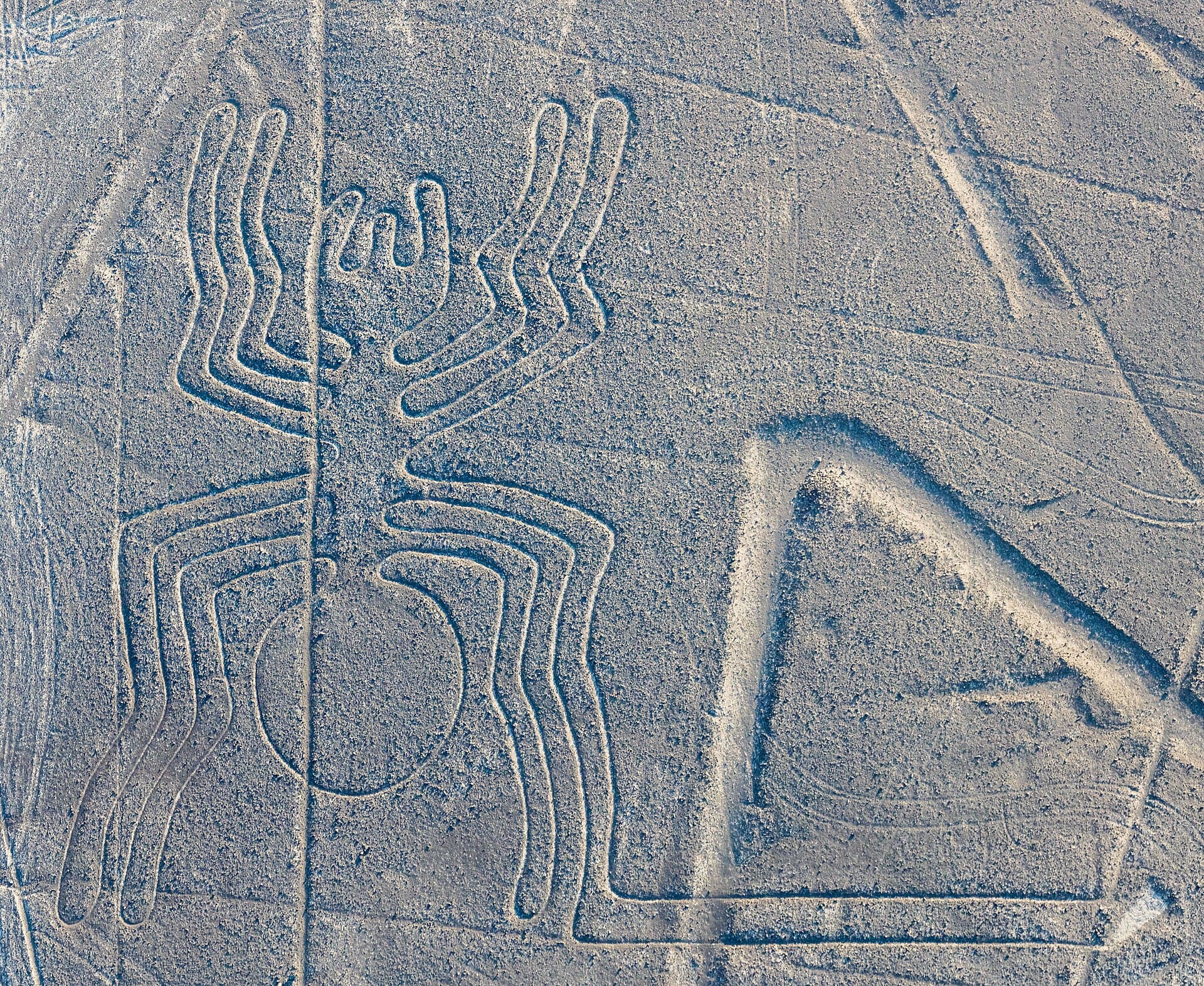 The spider figure in the Nazca desert surrounded by lines and triangles, seen from the air.