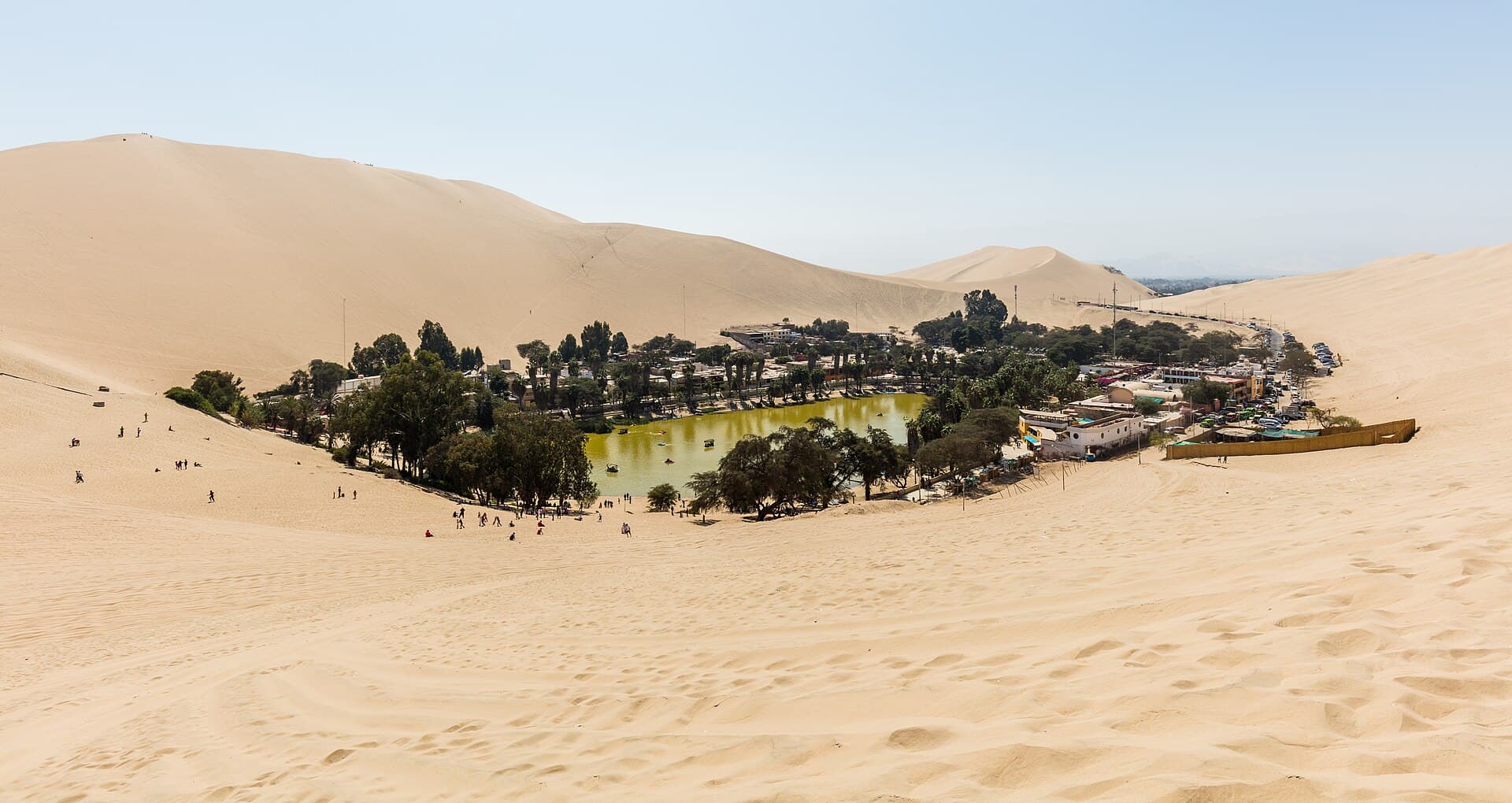 Huacachina oasis with its palms and small lagoon among tall sand dunes.