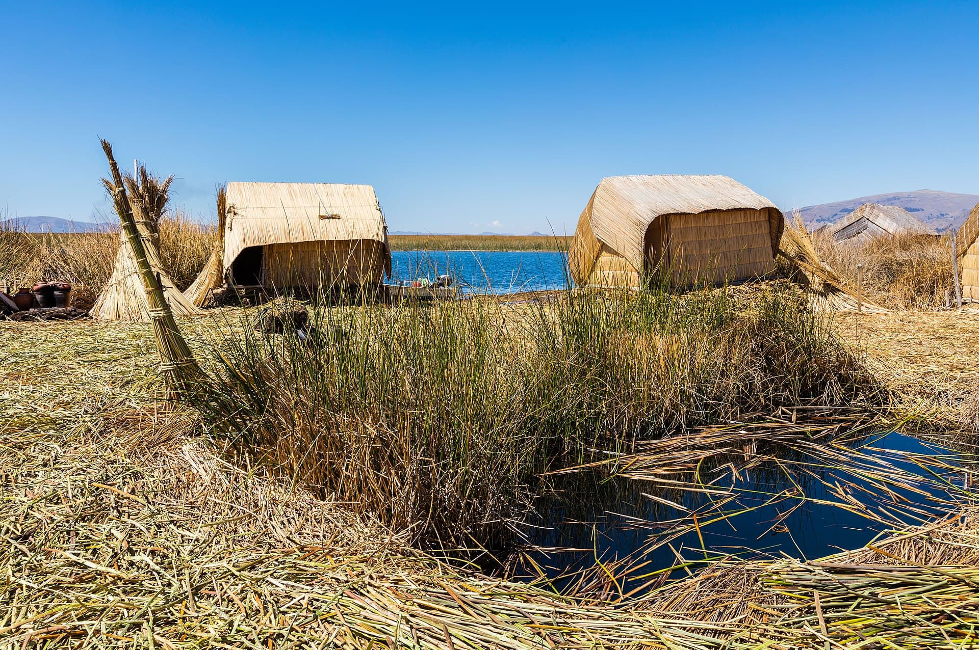 Totora reed huts on one of the floating Uros islands.